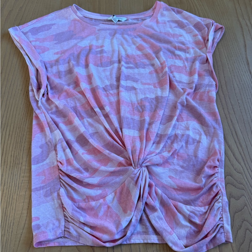 Lucky Brand Pink and White Camo with Ruched Tie Front T-Shirt